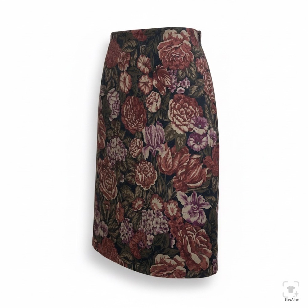 Briggs New York Women 14 Brown Burgundy Mauve Floral Pencil Stretch Skirt Vtg
